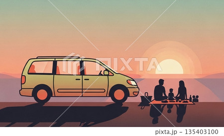 夕焼けのビーチで過ごす家族の時間 135403100