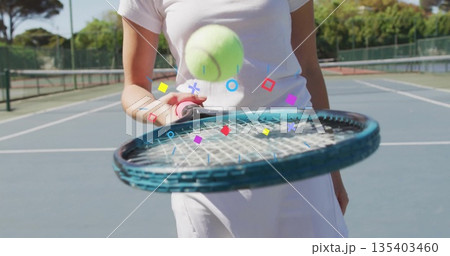 Bouncing yellow ball on blue racket woman in tennis attire on tennis court, with geometric overlay Bouncing yellow ball on blue racket woman in tennis attire on tennis court, with geometric overlay 135403460