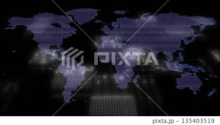Floating digital world map hovering in virtual dotted grid plane, with glowing numeric code Floating digital world map hovering in virtual dotted grid plane, with glowing numeric code 135403519