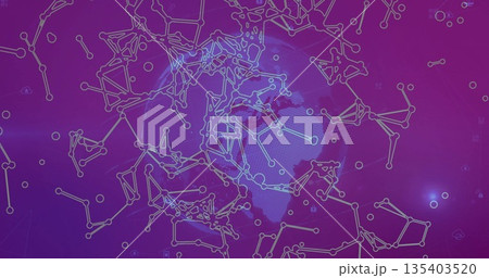 Network lines and nodes glowing over dotted Africa map in digital scene, with geometric shapes Network lines and nodes glowing over dotted Africa map in digital scene, with geometric shapes 135403520
