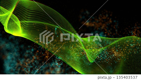 Flowing translucent green wave ribbon twisting across digital space with teal amber particles Flowing translucent green wave ribbon twisting across digital space with teal amber particles 135403537