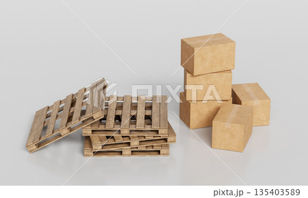Wooden Pallet and Stacked Cardboard Boxes Mock up. 3D Rendering. 135403589