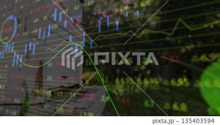 Crawling ant crossing wooden plank edge in backyard with financial charts and stock data overlay 135403594