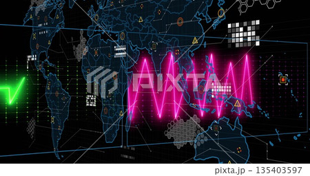 Displaying neon pink waveform pulsing across world map with green waveform, hexagon clusters 135403597
