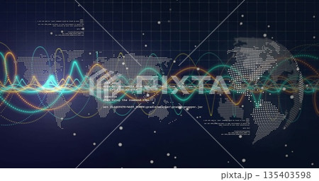 Displaying dotted world map moving across dark blue grid, with colorful waves and code snippets Displaying dotted world map moving across dark blue grid, with colorful waves and code snippets 135403598