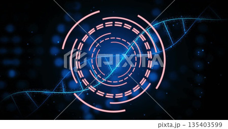 Projecting blue DNA helix crossing pink data rings in virtual interface, with glowing particles Projecting blue DNA helix crossing pink data rings in virtual interface, with glowing particles 135403599
