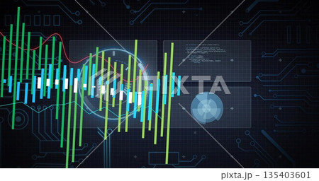 Displaying multicolor candlestick bars on dashboard with red line, code, radar panels, circuit grid Displaying multicolor candlestick bars on dashboard with red line, code, radar panels, circuit grid 135403601