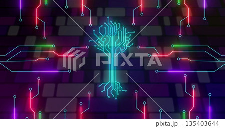 Glowing cyan circuit-tree icon branching neon traces over dark grid tiles, showing circular nodes Glowing cyan circuit-tree icon branching neon traces over dark grid tiles, showing circular nodes 135403644