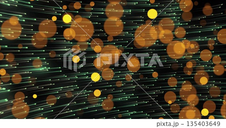 Displaying orange orbs and curved green streaks in digital interface, highlighting green squares 135403649