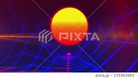 Shining sun radiating neon light over synthwave landscape with grid floor under wireframe mountains Shining sun radiating neon light over synthwave landscape with grid floor under wireframe mountains 135403665