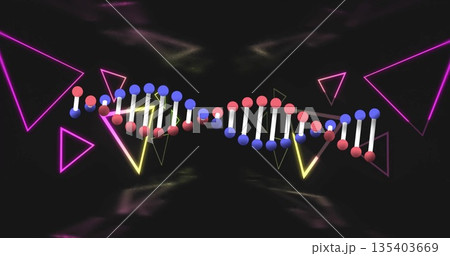 Floating stylized DNA helix drifting in abstract digital environment, with neon triangle outlines Floating stylized DNA helix drifting in abstract digital environment, with neon triangle outlines 135403669