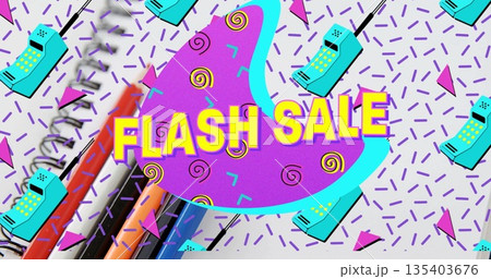 Featuring purple blob showing FLASH SALE on Memphis pattern, markers and phone icons diagonally 135403676