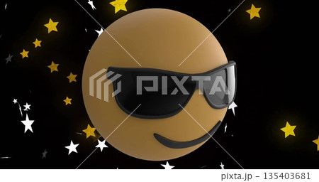 Floating amber emoticon sphere wearing black shades in cosmic starfield, with white and gold stars Floating amber emoticon sphere wearing black shades in cosmic starfield, with white and gold stars 135403681