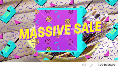 Showing purple MASSIVE SALE banner with teal border on tabletop, yellow bowl, brushes, phone icons 135403689
