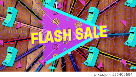 Featuring purple triangle glowing cyan border on tabletop, with teal handsets, cords and confetti 135403694