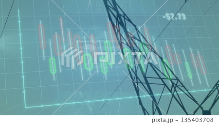 Overlaying black lattice tower on teal grid axes with candlestick chart, numeric label, copy space 135403708