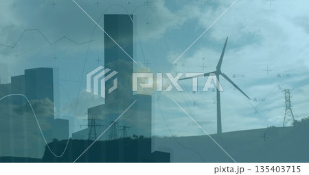 Highlighting wind turbine standing on grassy hill edge, with transmission towers, data graphs Highlighting wind turbine standing on grassy hill edge, with transmission towers, data graphs 135403715