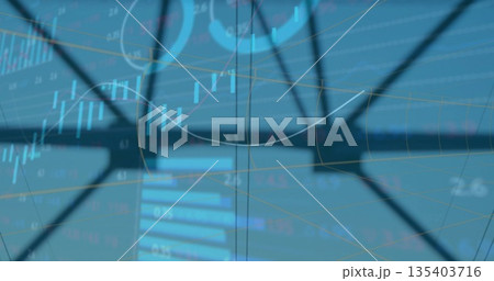 Dark metal frame crossing trading dashboard, with candlestick bars line graph and numeric readouts Dark metal frame crossing trading dashboard, with candlestick bars line graph and numeric readouts 135403716