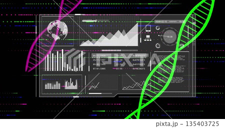 Displaying data panel floating in cyber data space, with line charts, data tables and DNA helices Displaying data panel floating in cyber data space, with line charts, data tables and DNA helices 135403725