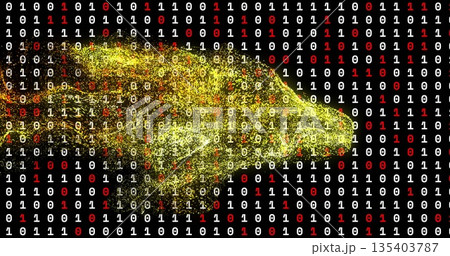 Flowing golden-yellow particles drifting across in digital matrix, with white-red binary digits 135403787