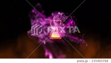 Glowing hourglass icon hovering inside swirling particle cloud in dark void, with glowing specks 135403788
