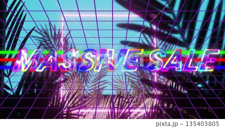 Glitching neon MASSIVE SALE text glowing over purple wireframe grid, with palm leaf silhouettes Glitching neon MASSIVE SALE text glowing over purple wireframe grid, with palm leaf silhouettes 135403805