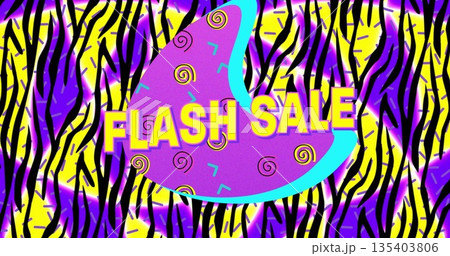 Central magenta shape featuring spirals and doodles in digital design, with bold FLASH SALE text Central magenta shape featuring spirals and doodles in digital design, with bold FLASH SALE text 135403806