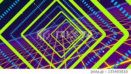 Spinning green-blue neon square frames forming tunnel in grid world, with yellow grid, starry sky Spinning green-blue neon square frames forming tunnel in grid world, with yellow grid, starry sky 135403810