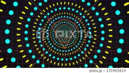 Abstract rings forming spiral in digital space with turquoise dots, yellow dashes, magenta grid Abstract rings forming spiral in digital space with turquoise dots, yellow dashes, magenta grid 135403814