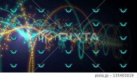 Weaving teal waveform and golden dotted line arcing in digital void, with neon chevrons, particles 135403819
