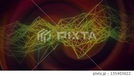 Floating 3D triangular wireframe mesh drifting in abstract environment, with neon gradient lines 135403822