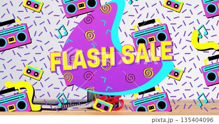 Showcasing FLASH SALE sign sitting on wooden desk with mic, headphones and retro boombox icons Showcasing FLASH SALE sign sitting on wooden desk with mic, headphones and retro boombox icons 135404096