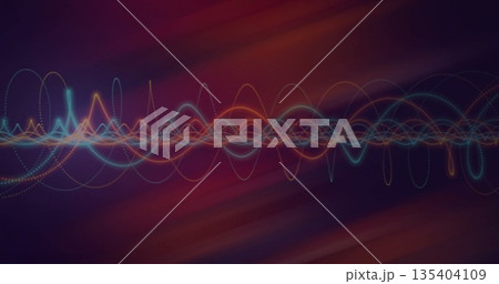 Flowing waves featuring intertwining dotted and solid neon sine lines on purple or red or orange bac 135404109