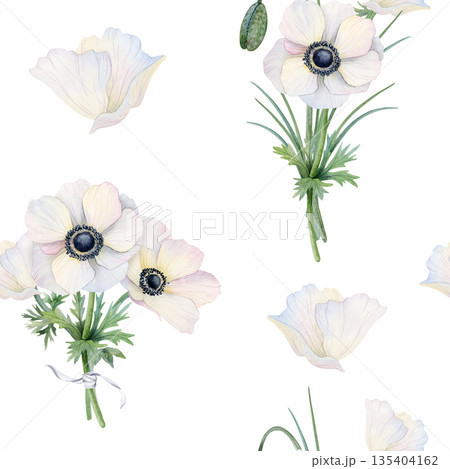 White flowers bouquet watercolor seamless pattern for spring weddings. Botanical floral hand drawn repeat background with field anemones poppies for delicate fabrics 135404162