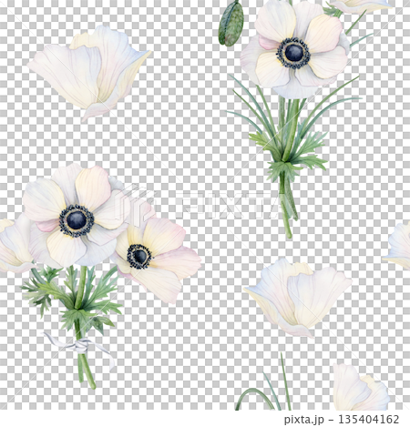White flowers bouquet watercolor seamless pattern for spring weddings. Botanical floral hand drawn repeat background with field anemones poppies for delicate fabrics 135404162