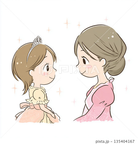 向き合って話す母と娘のイラスト。相談や共感、家族のコミュニケーション 135404167