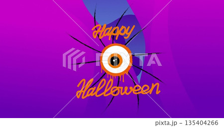 Image of happy halloween text with moving eye over purple shapes on blue background Image of happy halloween text with moving eye over purple shapes on blue background 135404266