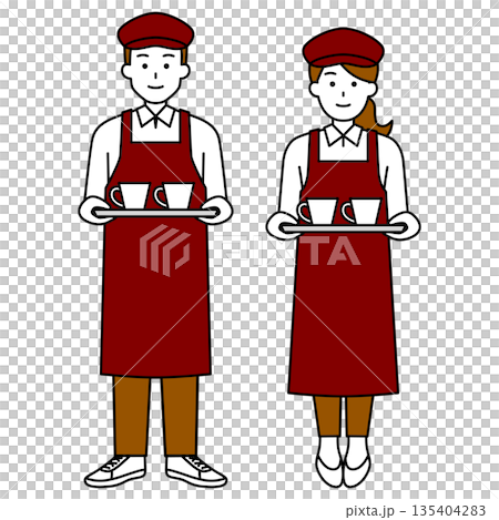 咖啡店男女員工端著咖啡（全身照） 135404283