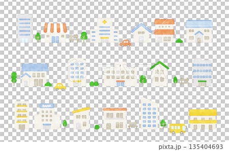 Watercolor style cute house and building icon set | Housing and facilities vector material Watercolor style cute house and building icon set | Housing and facilities vector material 135404693