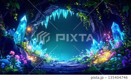 花と蔦に彩られた森のクリスタル洞窟フレーム 幻想背景 135404746