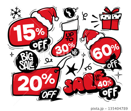 Set of Christmas sale illustrations with discount price tags, sale labels, banners, and special offer vector elements Set of Christmas sale illustrations with discount price tags, sale labels, banners, and special offer vector elements 135404789