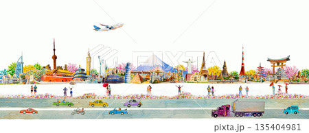 Travel around world with people, airplane and drive a car. Famous landmarks of world. 135404981