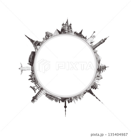 Famous world landmarks located around the globe isolated on white background. 135404987
