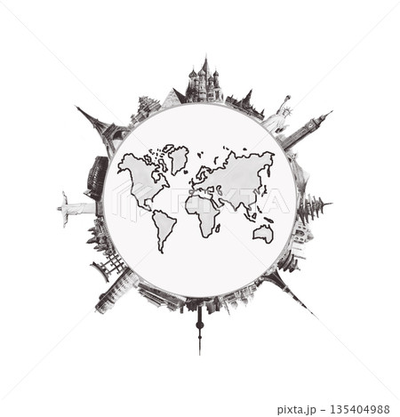 Famous world landmarks located around the globe isolated on white background. Famous world landmarks located around the globe isolated on white background. 135404988