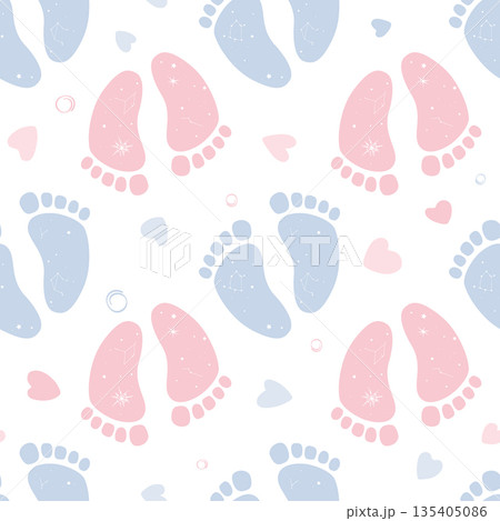 Seamless gender reveal pattern with boho baby feet and space symbols. Baby footprints with galaxy stars imprints. Vector illustration background Seamless gender reveal pattern with boho baby feet and space symbols. Baby footprints with galaxy stars imprints. Vector illustration background 135405086