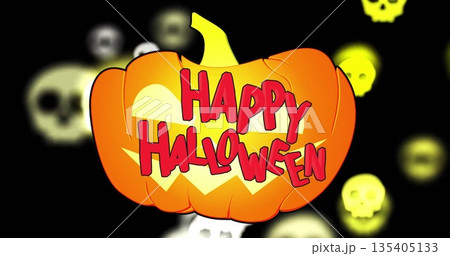 Glowing pumpkin with Happy Halloween text image over floating skulls 135405133