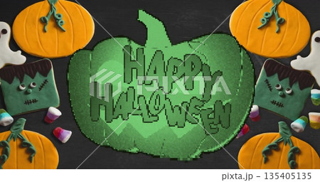 Pixelated green pumpkin image with Halloween candies and decorations 135405135