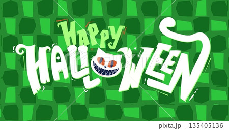 Happy Halloween text image with grinning cat face over green geometric background 135405136