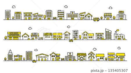 かわいい街並みのイラスト素材|家と建物が並ぶ 線画ベクター素材 かわいい街並みのイラスト素材|家と建物が並ぶ 線画ベクター素材 135405307