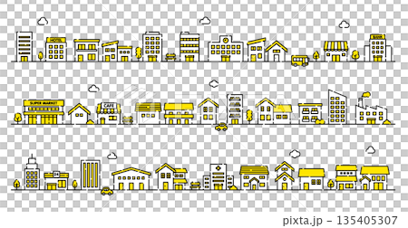 可愛的城鎮景觀插畫素材 | 房屋和建築物排列整齊 | 線條畫向量圖 135405307